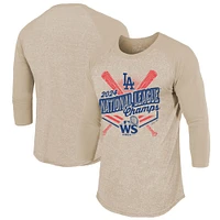 Men's Majestic Threads Oatmeal Los Angeles Dodgers 2024 National League Champions 3/4-Sleeve Tri-Blend Raglan T-Shirt