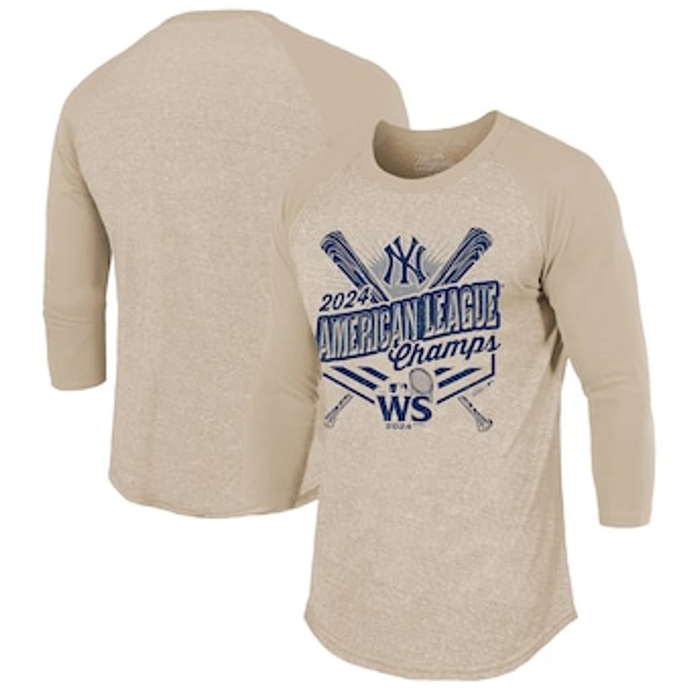 Men's Majestic Threads Oatmeal New York Yankees 2024 American League Champions 3/4-Sleeve Tri-Blend Raglan T-Shirt