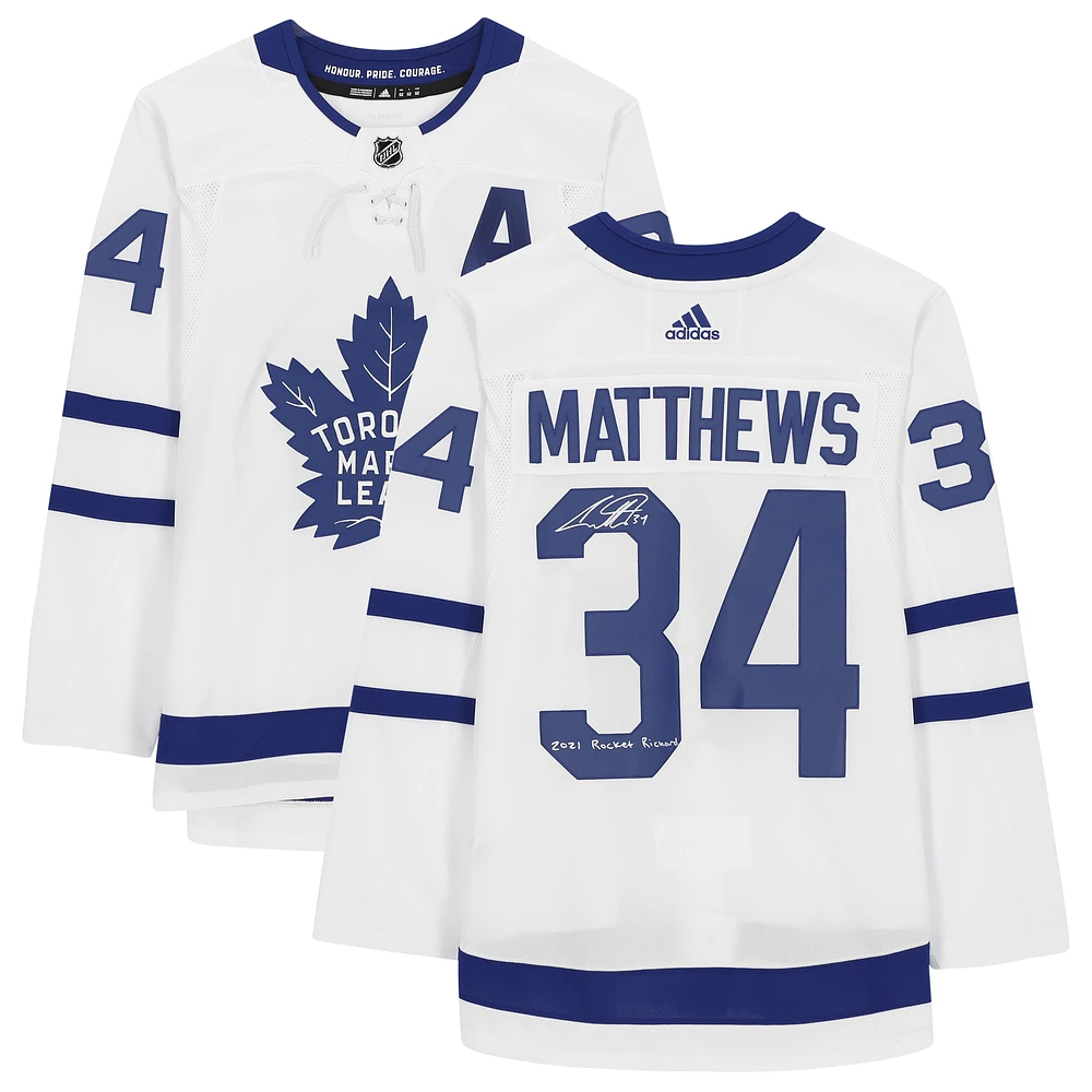 Auston Matthews Toronto Maple Leafs Autographed White adidas Jersey with "2021 Rocket Richard" Inscription