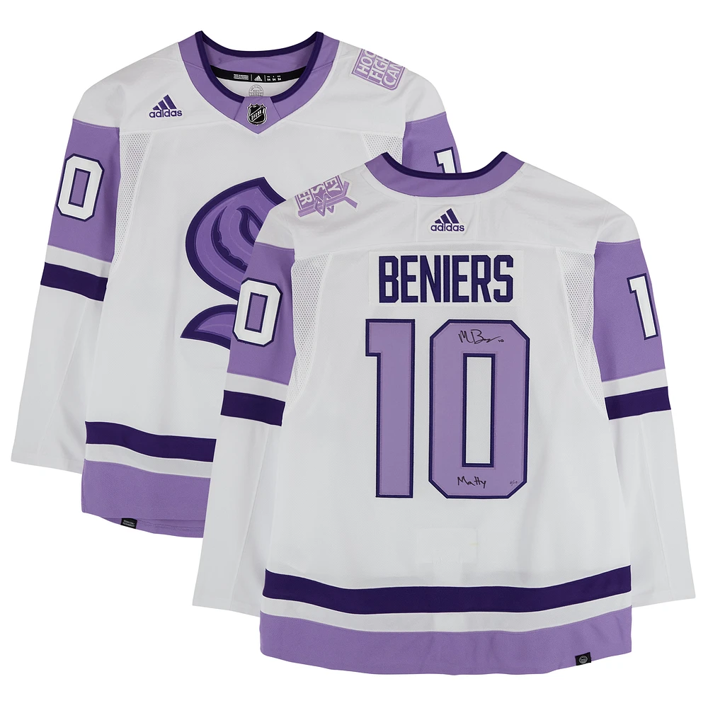 Matty Beniers Seattle Kraken Autographed Hockey Fights Cancer adidas Authentic Jersey with "Matty" Inscription - Limited Edition of 10