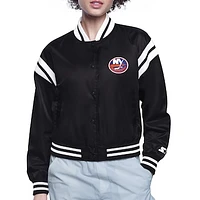 Women's Starter  Black New York Islanders Printed Round Team Logo Satin Varsity Full-Snap Jacket