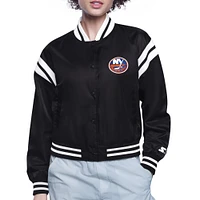Women's Starter  Black New York Islanders Printed Round Team Logo Satin Varsity Full-Snap Jacket