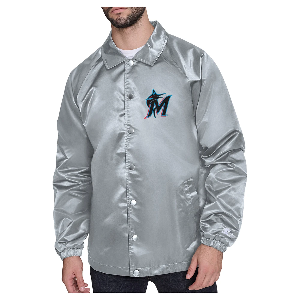Men's Starter Gray Miami Marlins Shield Logo Raglan Coaches Full-Snap Jacket
