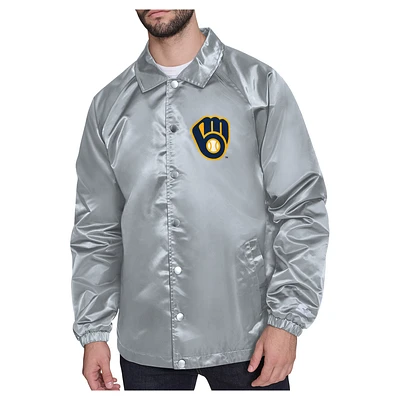Men's Starter  Gray Milwaukee Brewers Shield Logo Raglan Coaches Full-Snap Jacket