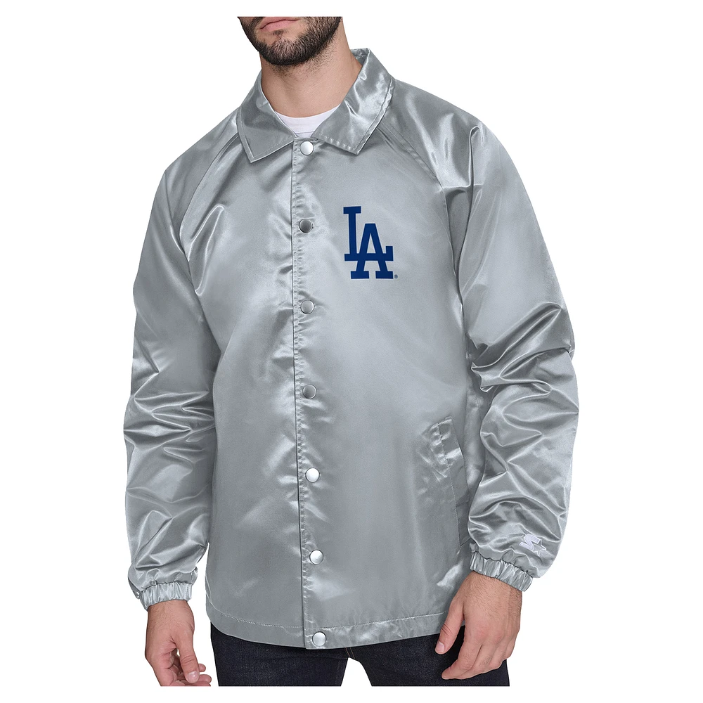 Men's Starter Gray Los Angeles Dodgers Shield Logo Raglan Coaches Full-Snap Jacket