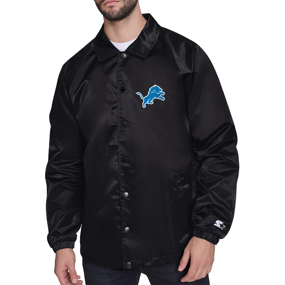 Men's Starter Black Detroit Lions Printed Logo Raglan Coaches Full-Snap Jacket