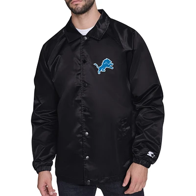 Men's Starter  Black Detroit Lions Printed Logo Raglan Coaches Full-Snap Jacket