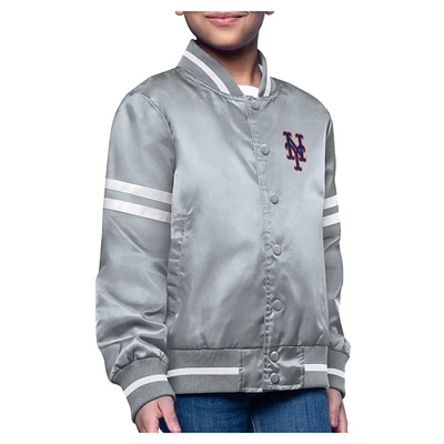 Girls Youth Starter  Gray New York Mets Printed Logo Satin Varsity Full-Snap Jacket
