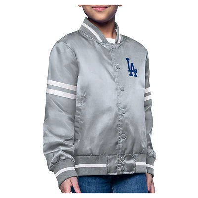 Girls Youth Starter  Gray Los Angeles Dodgers Printed Logo Satin Varsity Full-Snap Jacket