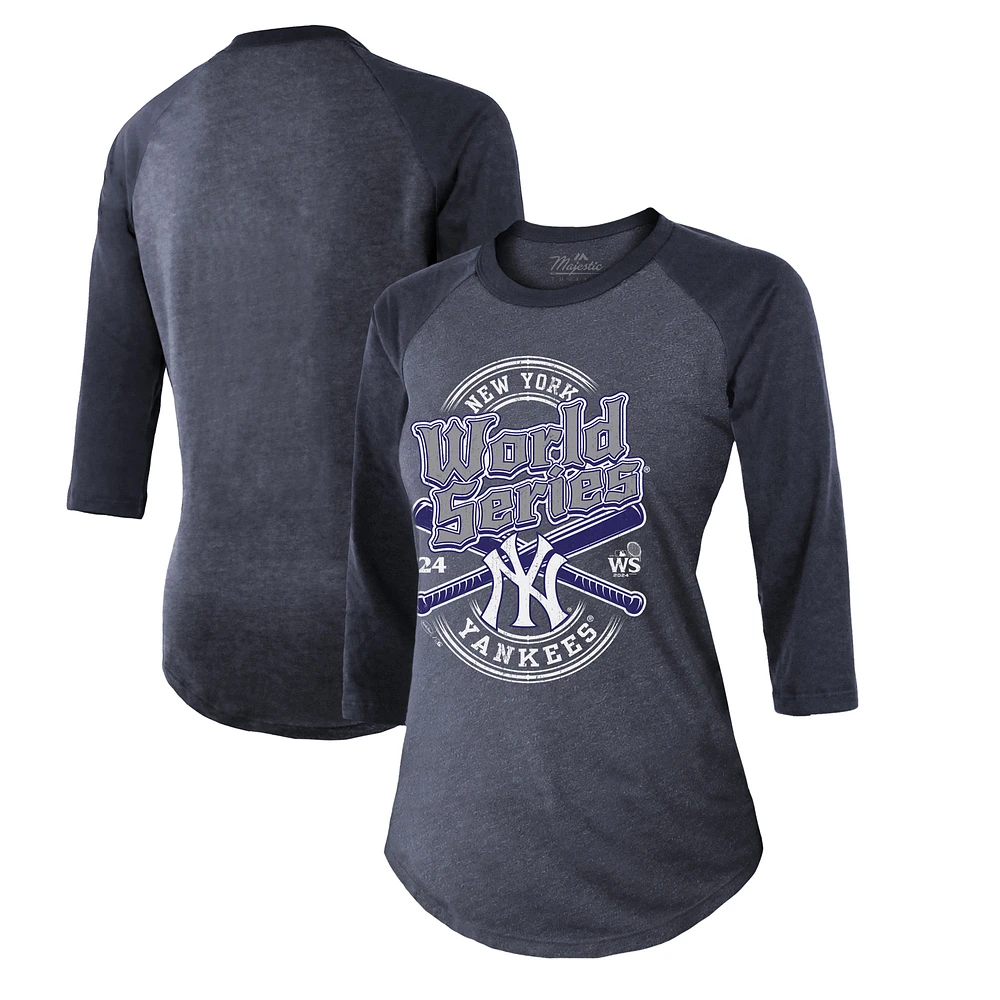 Women's Fanatics Navy New York Yankees 2024 World Series Tri-Blend 3/4-Sleeve T-Shirt