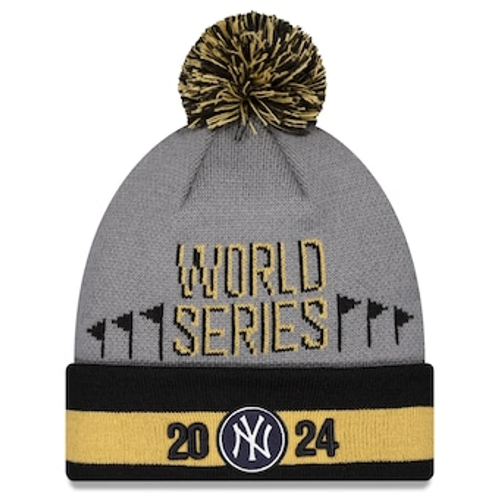 Men's New Era Gray New York Yankees 2024 American League Champions Locker Room Cuffed Knit Hat with Pom