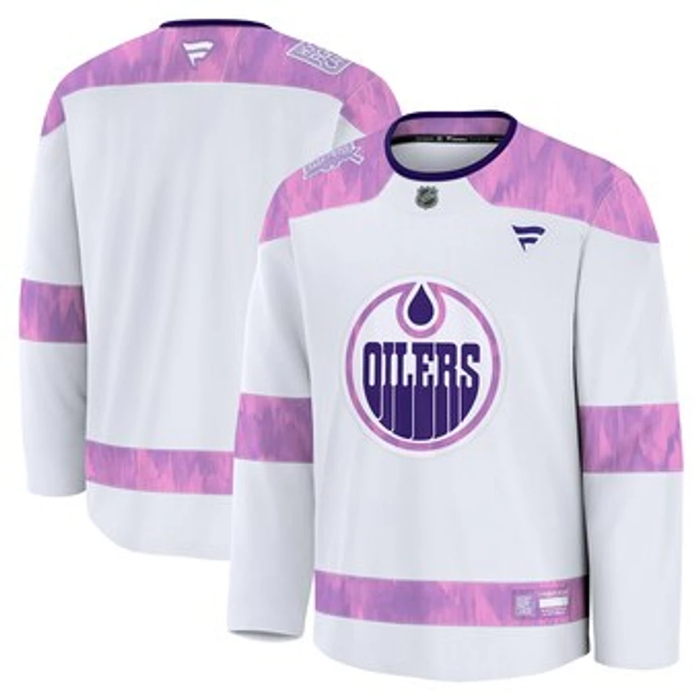 Men's Fanatics White Edmonton Oilers 2024 Hockey Fights Cancer Practice Jersey