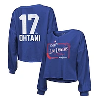 Women's Majestic Threads Shohei Ohtani Royal Los Angeles Dodgers 2024 World Series Off Shoulder Cropped Name & Number Long Sleeve V-Neck T-Shirt