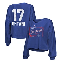 Women's Majestic Threads Shohei Ohtani Royal Los Angeles Dodgers 2024 World Series Off Shoulder Cropped Name & Number Long Sleeve V-Neck T-Shirt