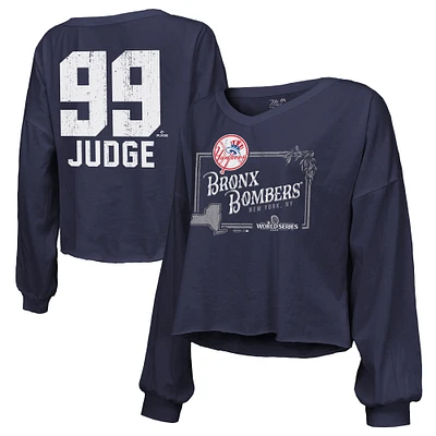 Women's Majestic Threads Aaron Judge Navy New York Yankees 2024 World Series Off Shoulder Cropped Name & Number Long Sleeve V-Neck T-Shirt