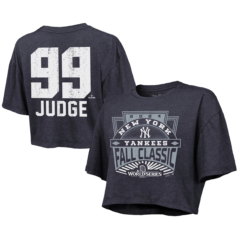 Women's Majestic Threads Aaron Judge Navy New York Yankees 2024 World Series Boxy Crop Name & Number T-Shirt