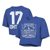 Women's Majestic Threads Shohei Ohtani Royal Los Angeles Dodgers 2024 World Series Boxy Crop Name & Number T-Shirt