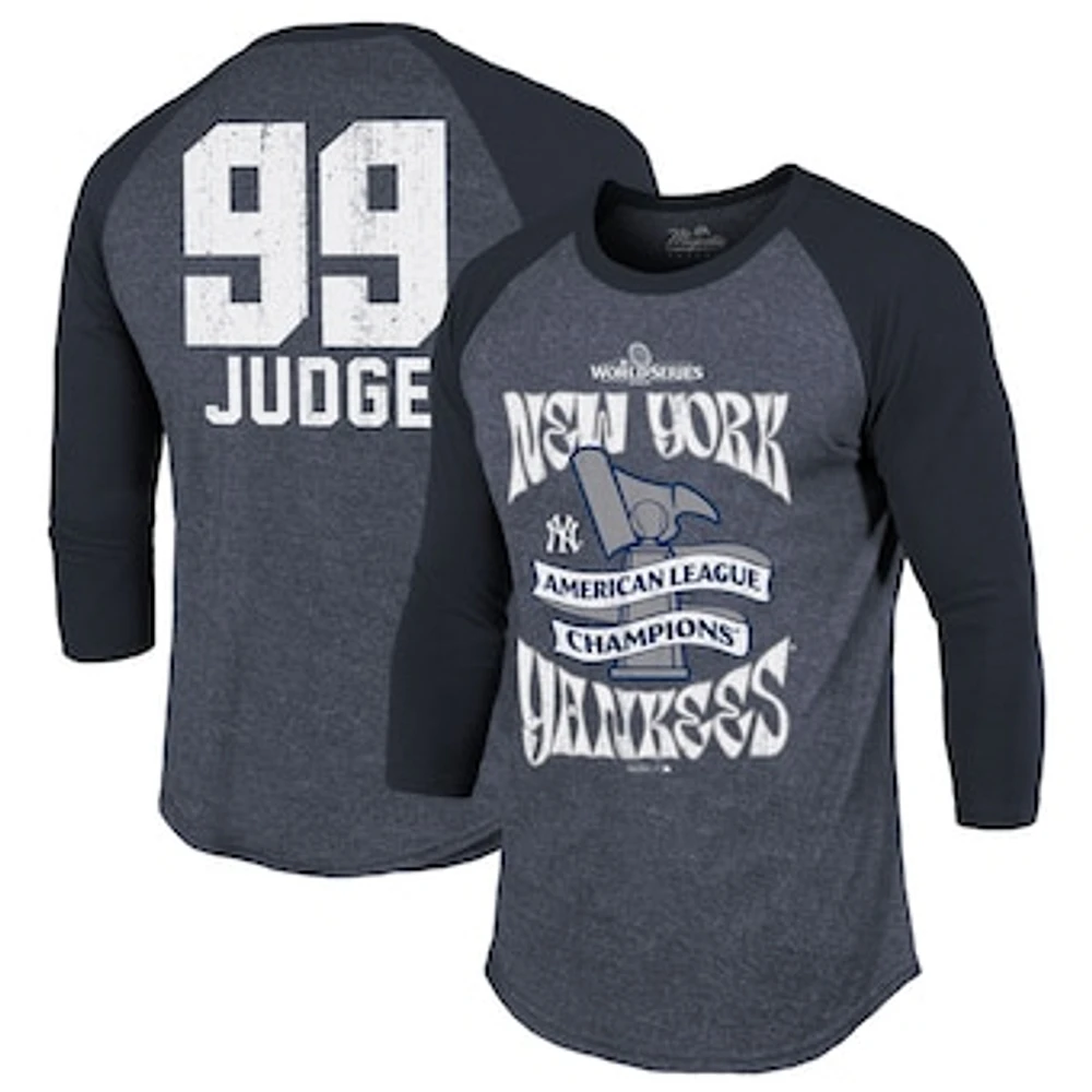 Men's Majestic Threads Aaron Judge Navy New York Yankees 2024 American League Champions 3/4-Sleeve Name & Number Raglan Tri-Blend T-Shirt