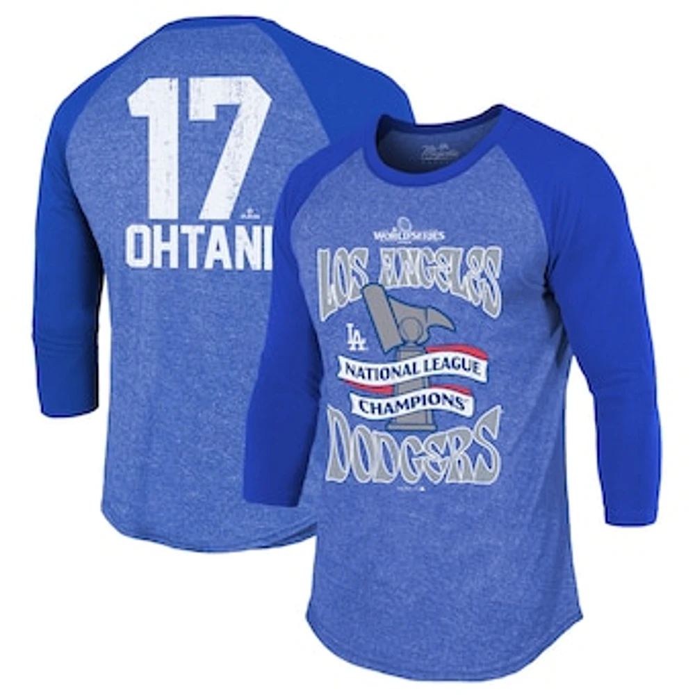 Men's Majestic Threads Shohei Ohtani Royal Los Angeles Dodgers 2024 National League Champions 3/4-Sleeve Name & Number Raglan Tri-Blend T-Shirt