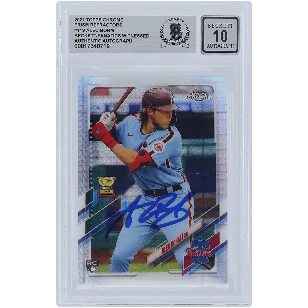 Alec Bohm Philadelphia Phillies Autographed 2021 Topps Chrome Prism Refractor #119 Beckett Fanatics Witnessed Authenticated 10 Rookie Card