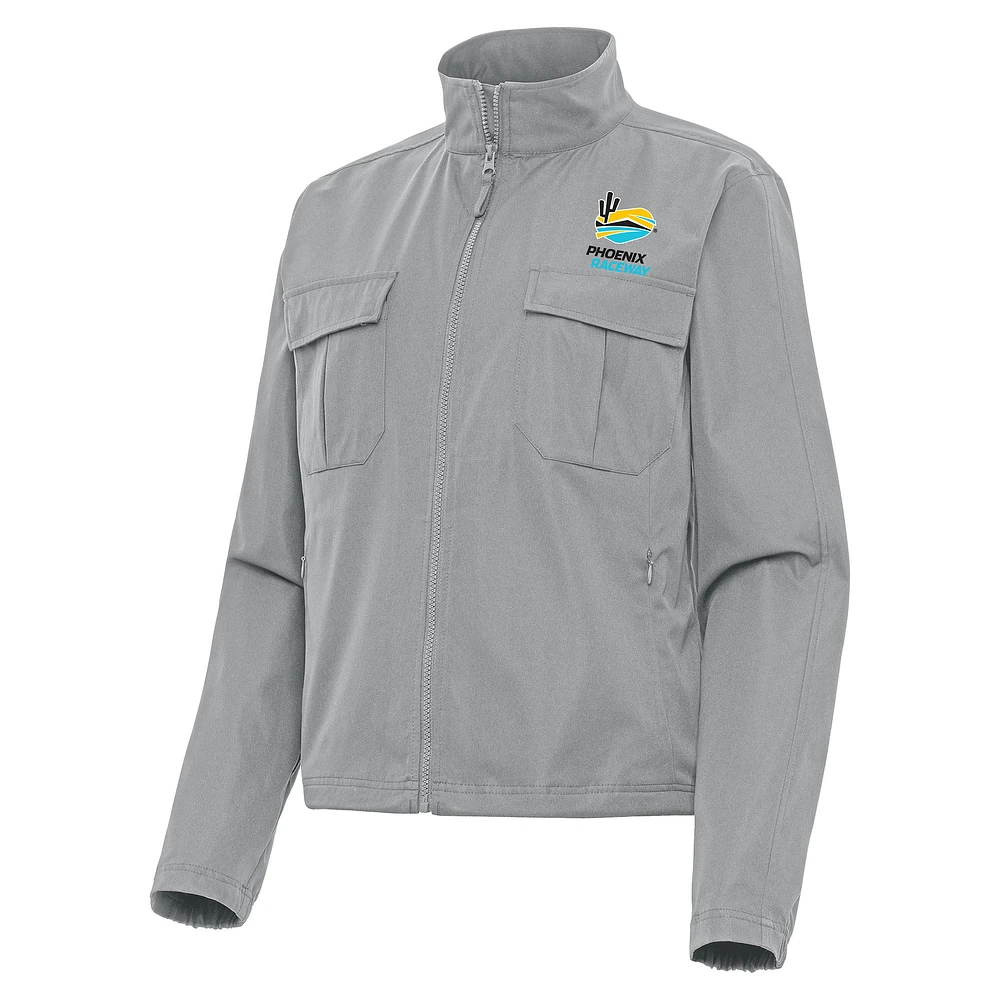 Women's Antigua Gray Phoenix Raceway Even Par Full-Zip Jacket