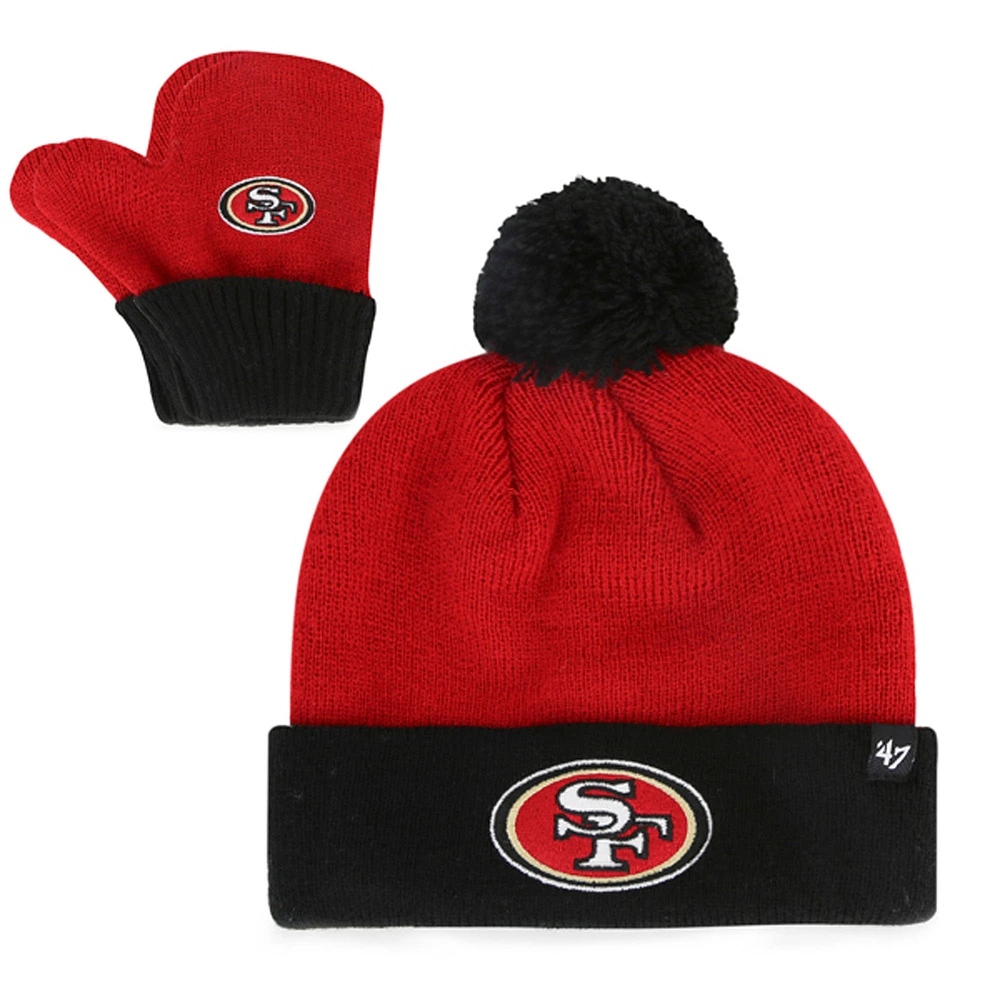 Infant '47 Scarlet/Black San Francisco 49ers Bam Bam Cuffed Knit Hat with Pom and Mittens Set