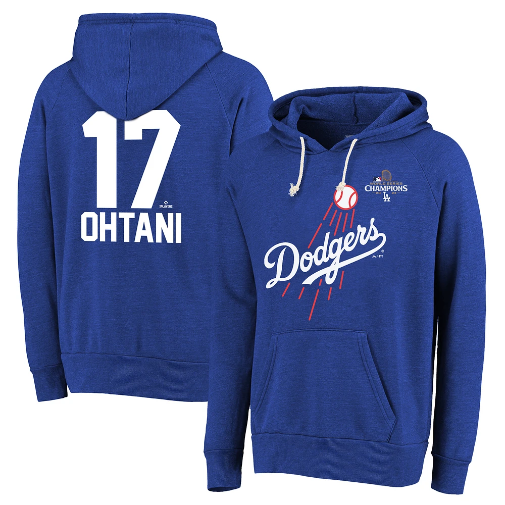 Men's Majestic Threads Shohei Ohtani Royal Los Angeles Dodgers 2024 World Series Champions Name & Number Tri-Blend Pullover Hoodie