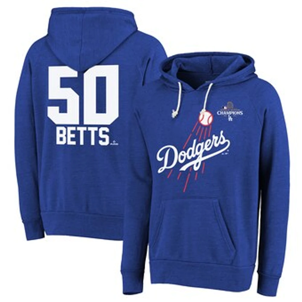 Men's Majestic Threads Mookie Betts Royal Los Angeles Dodgers 2024 World Series Champions Name & Number Tri-Blend Pullover Hoodie