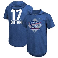 Men's Majestic Threads Shohei Ohtani Royal Los Angeles Dodgers 2024 World Series Champions Name & Number Tri-Blend Short Sleeve Pullover Hoodie