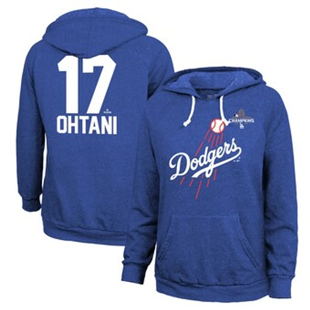 Women's Majestic Threads Shohei Ohtani Royal Los Angeles Dodgers 2024 World Series Champions Name & Number Tri-Blend Pullover Hoodie