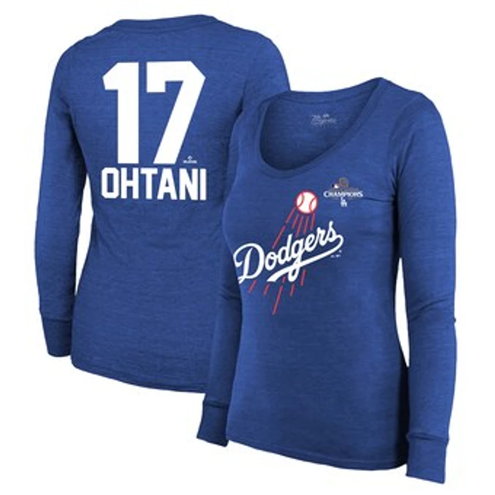 Women's Majestic Threads Shohei Ohtani Royal Los Angeles Dodgers 2024 World Series Champions Name & Number Tri-Blend Long Sleeve Scoop Neck T-Shirt