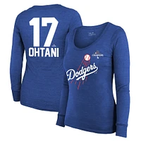 Women's Majestic Threads Shohei Ohtani Royal Los Angeles Dodgers 2024 World Series Champions Name & Number Tri-Blend Long Sleeve Scoop Neck T-Shirt