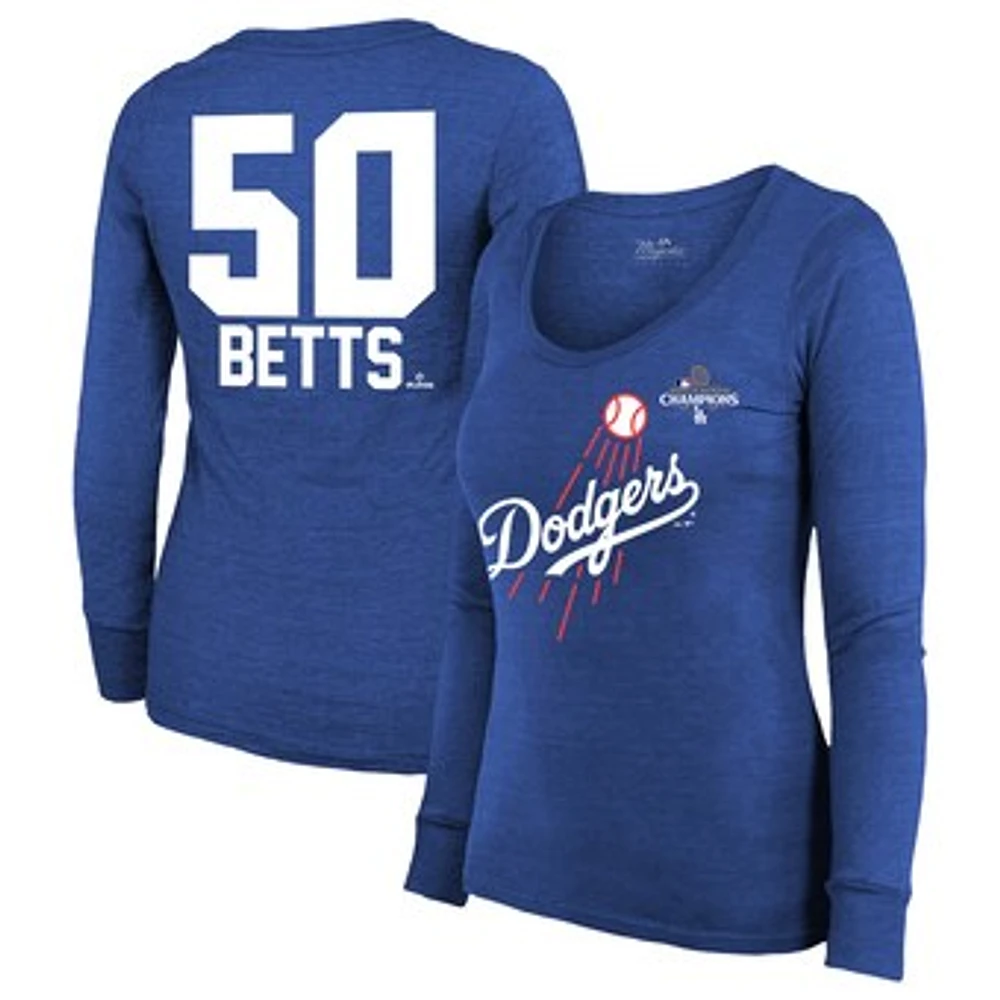 Women's Majestic Threads Mookie Betts Royal Los Angeles Dodgers 2024 World Series Champions Name & Number Tri-Blend Long Sleeve Scoop Neck T-Shirt