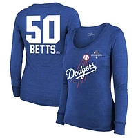 Women's Majestic Threads Mookie Betts Royal Los Angeles Dodgers 2024 World Series Champions Name & Number Tri-Blend Long Sleeve Scoop Neck T-Shirt