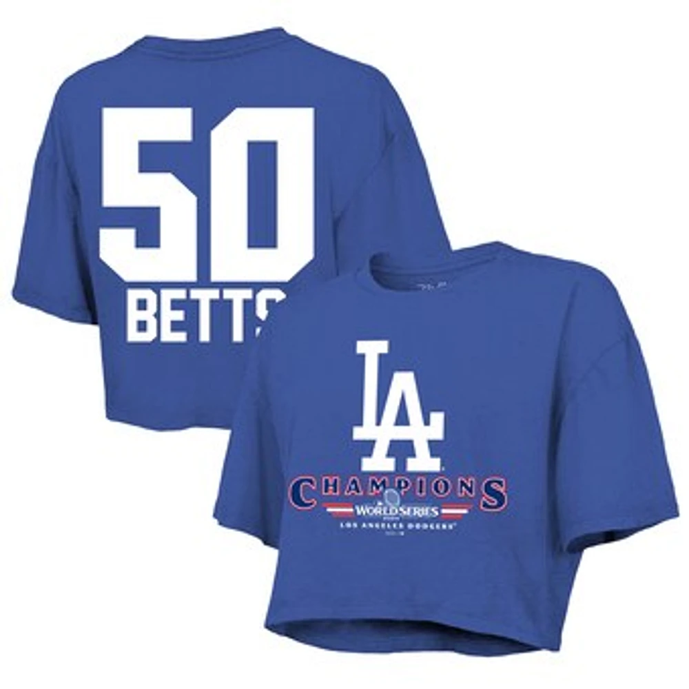 Women's Majestic Threads Mookie Betts Royal Los Angeles Dodgers 2024 World Series Champions Name & Number Boxy Crop T-Shirt