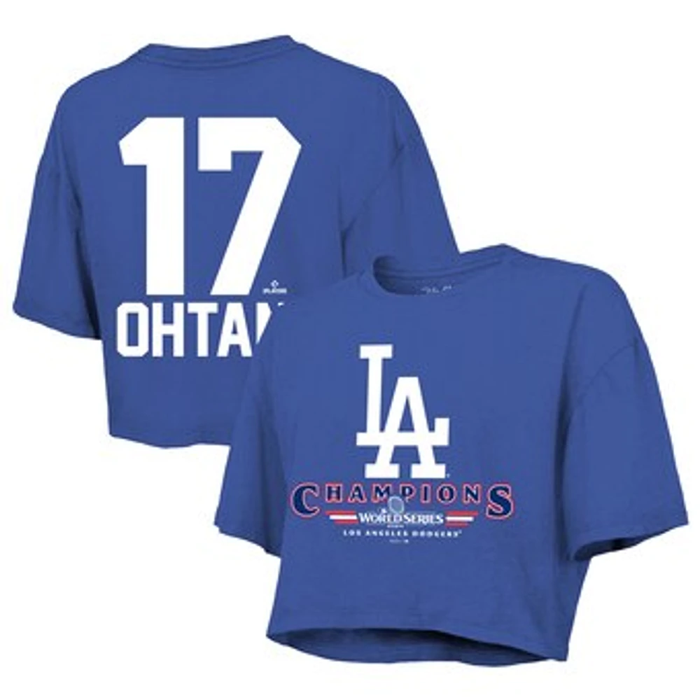 Women's Majestic Threads Shohei Ohtani Royal Los Angeles Dodgers 2024 World Series Champions Name & Number Boxy Crop T-Shirt