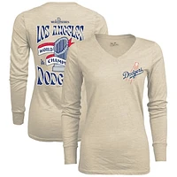 Women's Majestic Threads Oatmeal Los Angeles Dodgers 2024 World Series Champions Tri-Blend Long Sleeve V-Neck T-Shirt