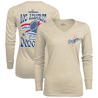 Women's Majestic Threads Oatmeal Los Angeles Dodgers 2024 World Series Champions Tri-Blend Long Sleeve V-Neck T-Shirt