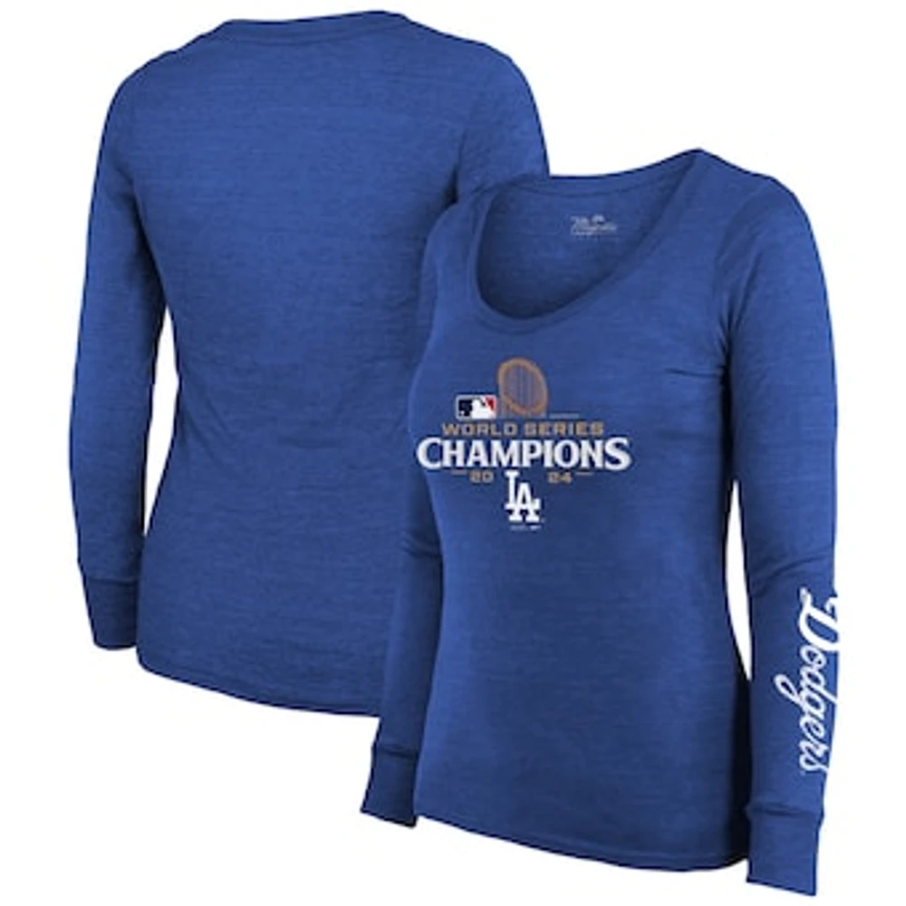 Women's Majestic Threads Royal Los Angeles Dodgers 2024 World Series Champions Tri-Blend Scoop Neck Long Sleeve T-Shirt