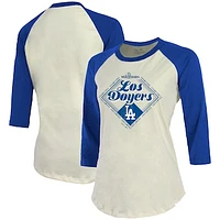 Women's Majestic Threads Cream/Royal Los Angeles Dodgers 2024 World Series Champions Softhand 3/4-Sleeve Raglan T-Shirt