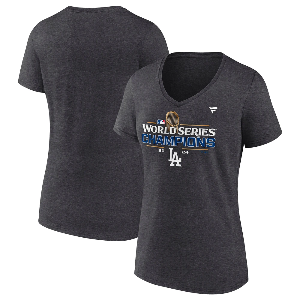 Women's Fanatics Heather Charcoal Los Angeles Dodgers 2024 World Series Champions Locker Room Plus V-Neck T-Shirt