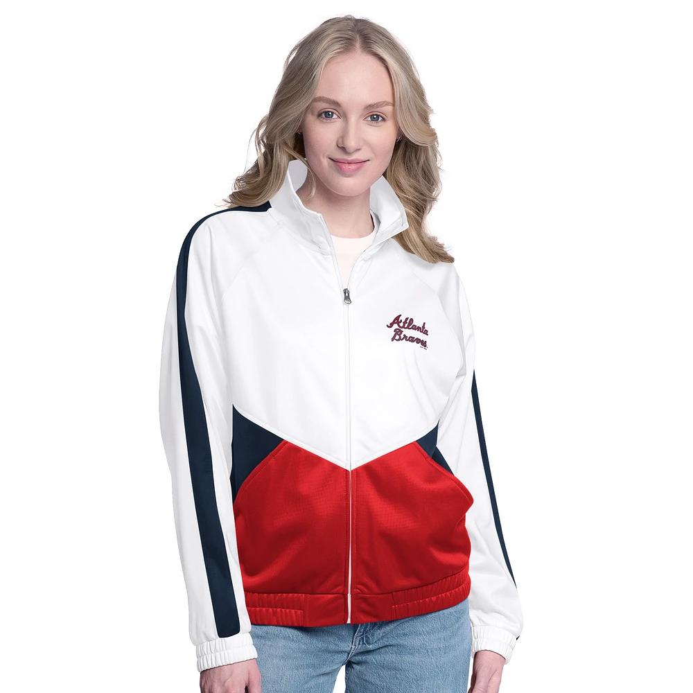 Women's G-III Sports by Carl Banks White/Navy Atlanta Braves Rally Rhinestone Raglan Full-Zip Track Jacket