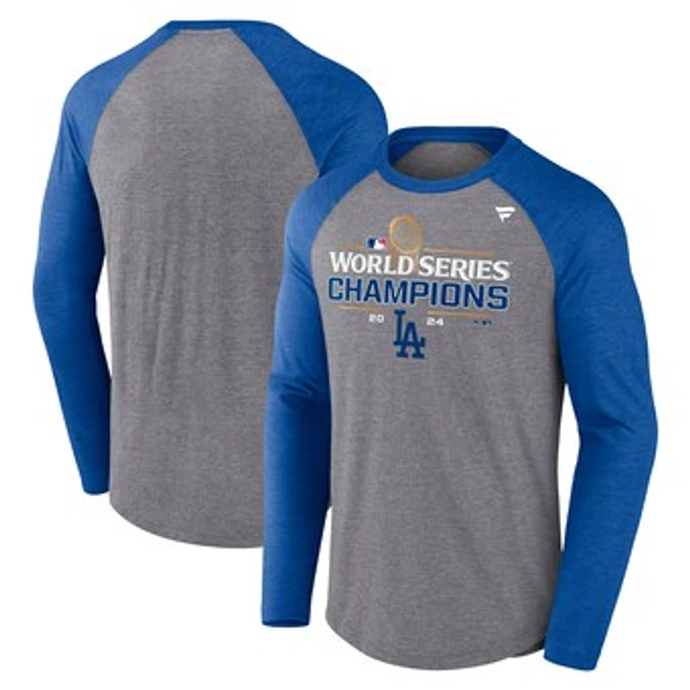 Men's Fanatics Heather Gray/Royal Los Angeles Dodgers 2024 World Series Champions  Locker Room Long Sleeve Tri-Blend T-Shirt