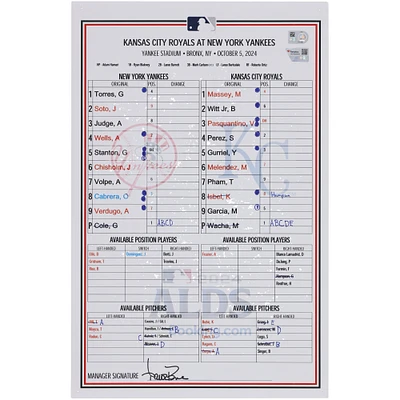 New York Yankees Game-Used ALDS Lineup Card vs. Kansas City Royals on October 5, 2024