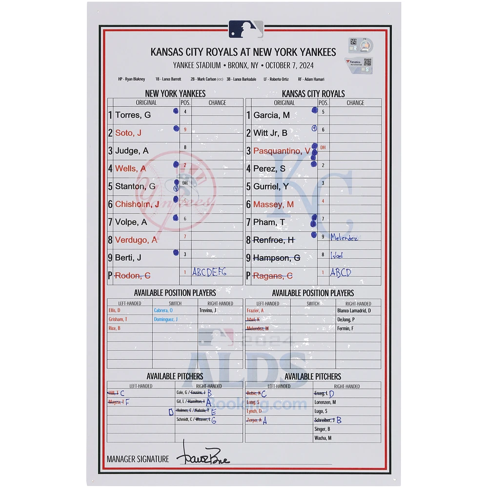 New York Yankees Game-Used ALDS Lineup Card vs. Kansas City Royals on October 7, 2024