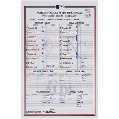 New York Yankees Game-Used ALDS Lineup Card vs. Kansas City Royals on October 7, 2024