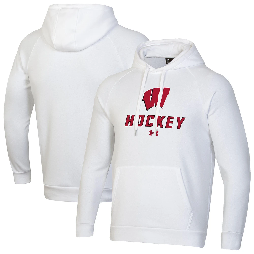 Men's Under Armour White Wisconsin Badgers Hockey Rival Fleece Pullover Hoodie