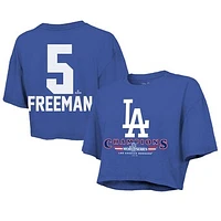 Women's Majestic Threads Freddie Freeman Royal Los Angeles Dodgers 2024 World Series Champions Name & Number Boxy Cropped T-Shirt