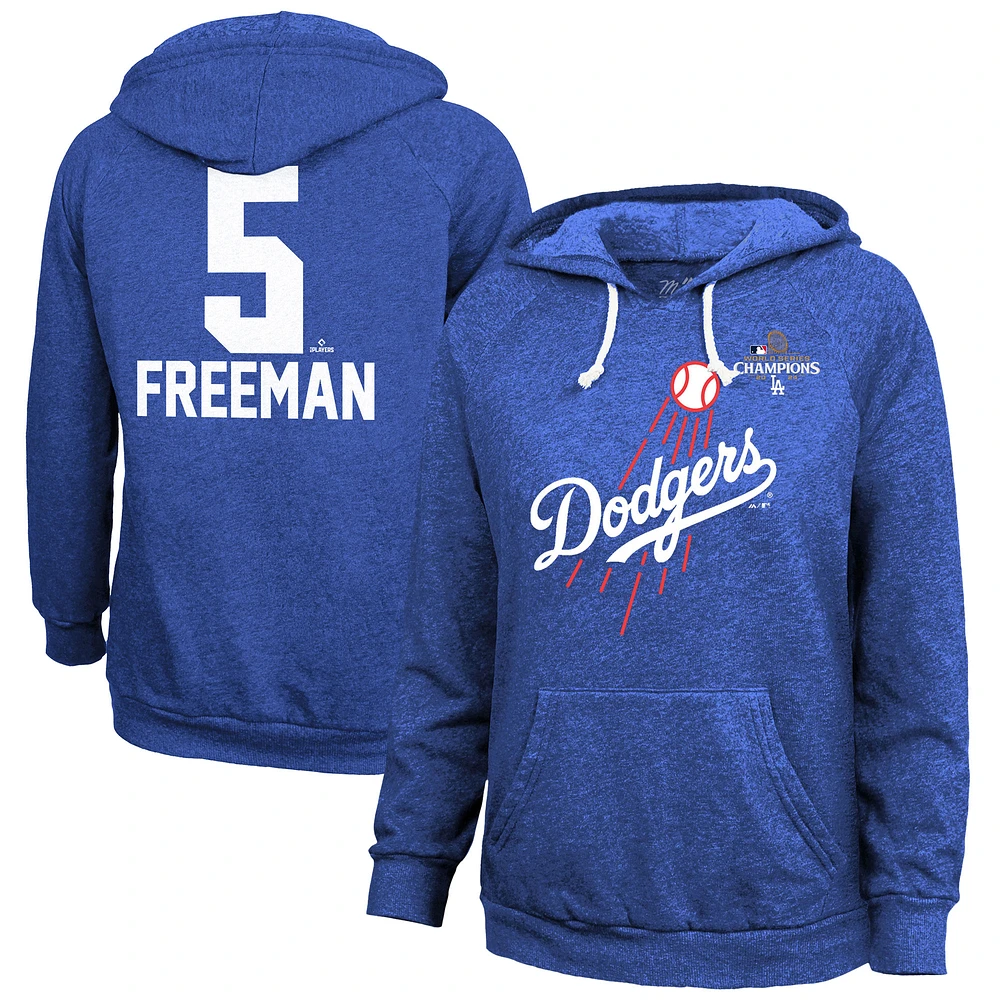 Women's Majestic Threads Freddie Freeman Royal Los Angeles Dodgers 2024 World Series Champions Name & Number Tri-Blend Pullover Hoodie