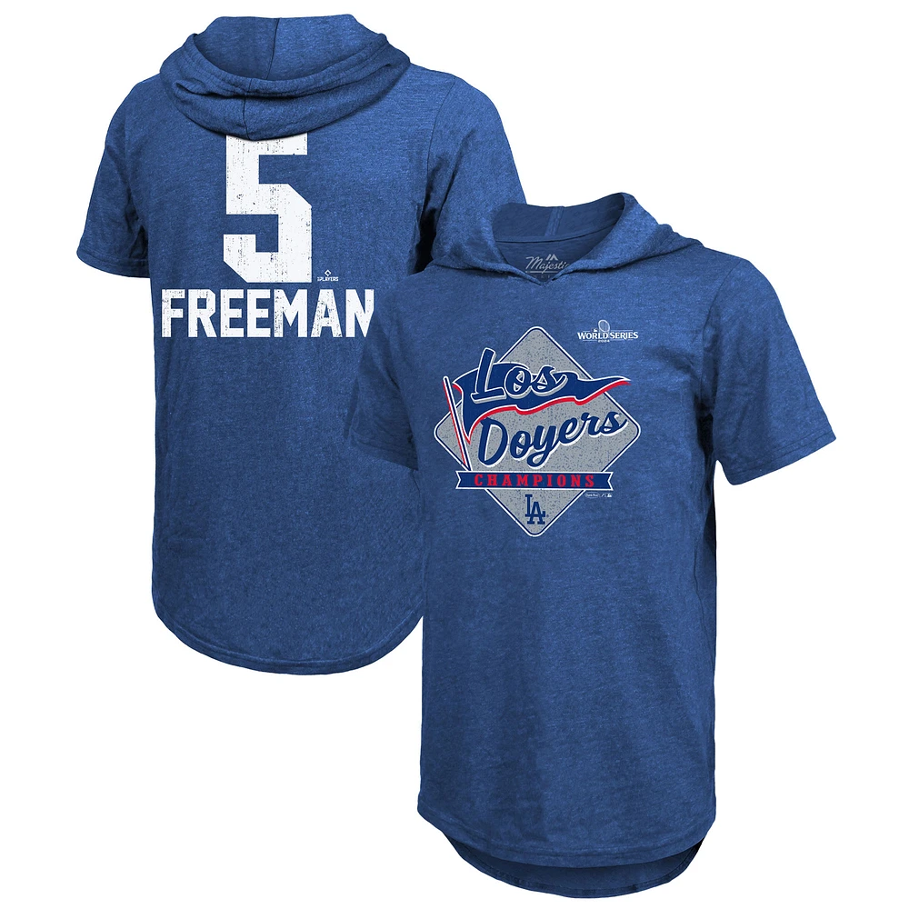 Men's Majestic Threads Freddie Freeman Royal Los Angeles Dodgers 2024 World Series Champions Name & Number Tri-Blend Hoodie T-Shirt